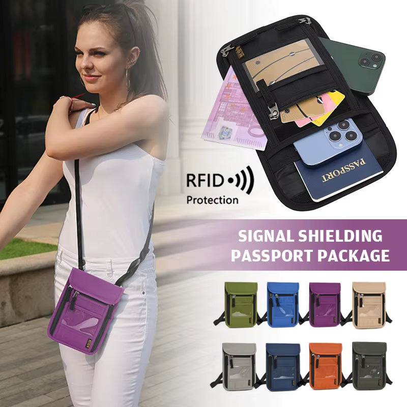 Rfid-Blocking Travel Pouch Neck Wallet Family Passport Holder Organizer Case with Multi-Pockets Passport Document Credit Case