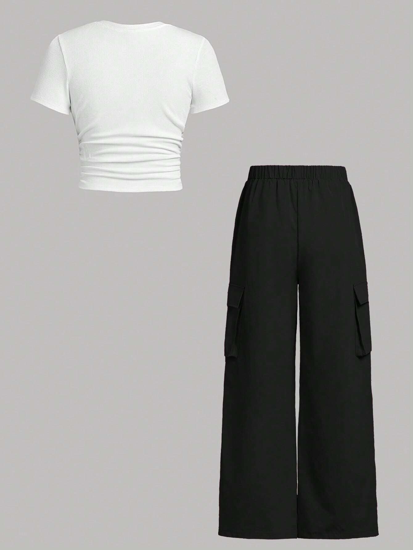 Girlism Teen Girls' Ribbed Knit Pleated Short Sleeve T-Shirt and Cargo Pants Casual 2Pcs Outfit Concert Outfit