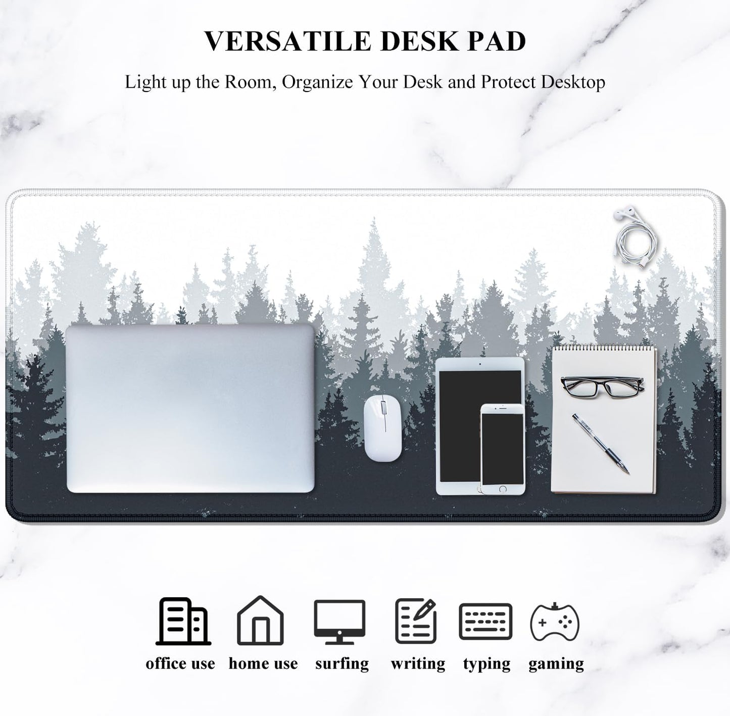 Large Mouse Pad, XXL Gaming Mousepad, Desk Mat for Desktop, Thick Rubber, Big & Long Size, Stitched Edges, Full Desk Pad for Laptop & Computer, Extended 35.4 X 15.7 In, Ink Misty Forest