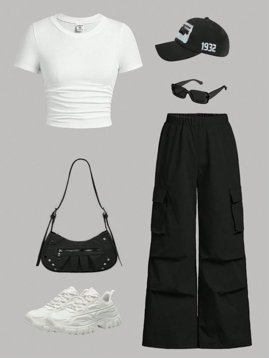 Girlism Teen Girls' Ribbed Knit Pleated Short Sleeve T-Shirt and Cargo Pants Casual 2Pcs Outfit Concert Outfit